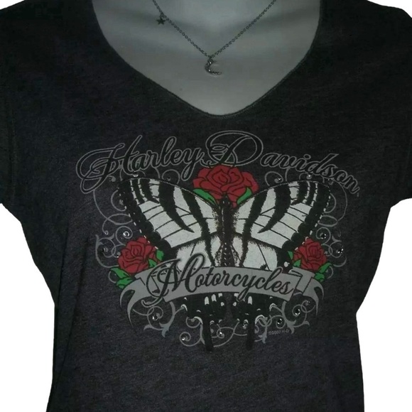 Almost Vintage Harley-Davidson Shirt Butterfly Rhinestone y2k Baby Tee Gray 2007 - Picture 5 of 12